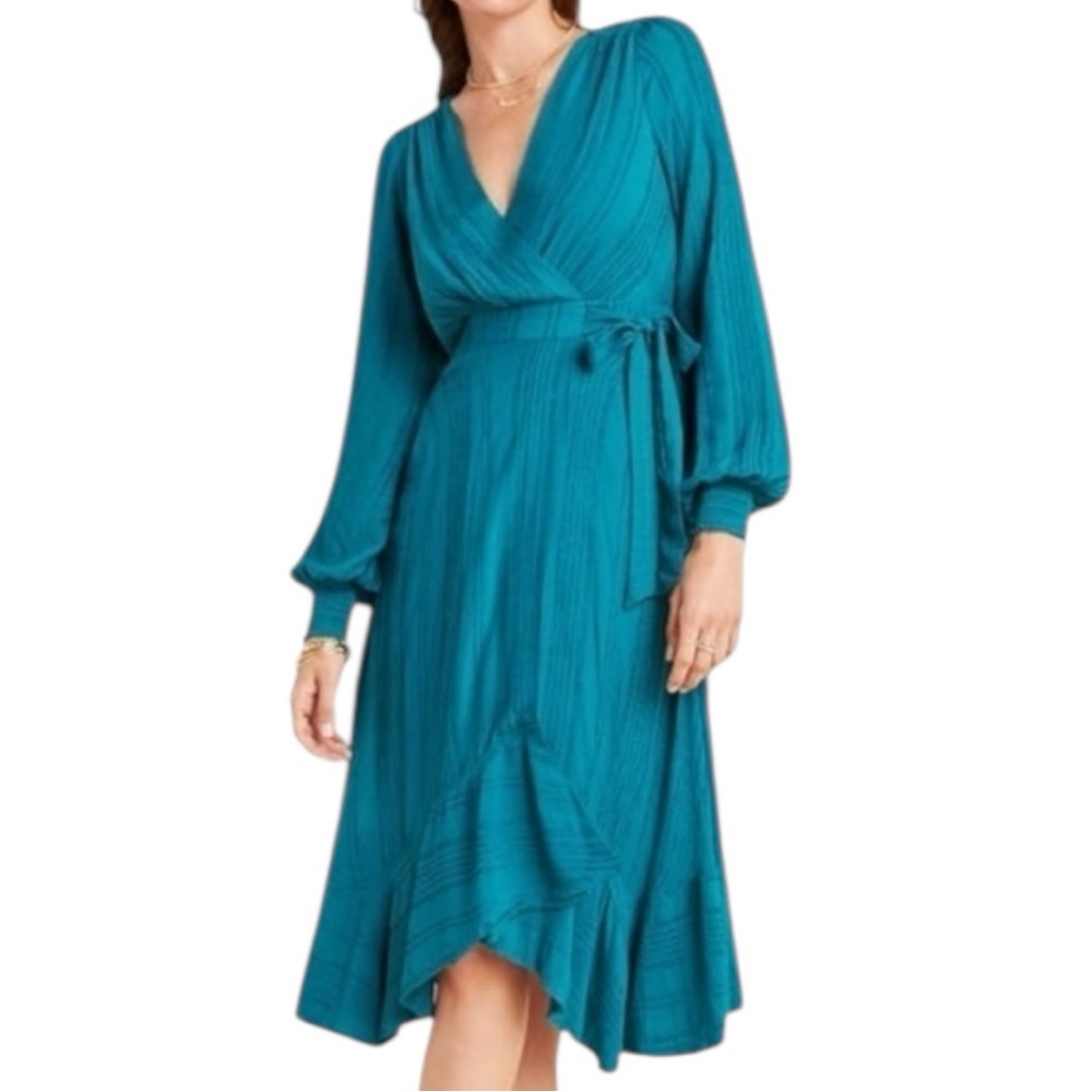 Anthropologie Boswell Ruffled Wrap Dress Teal Velvet-Stripe 2 Petite